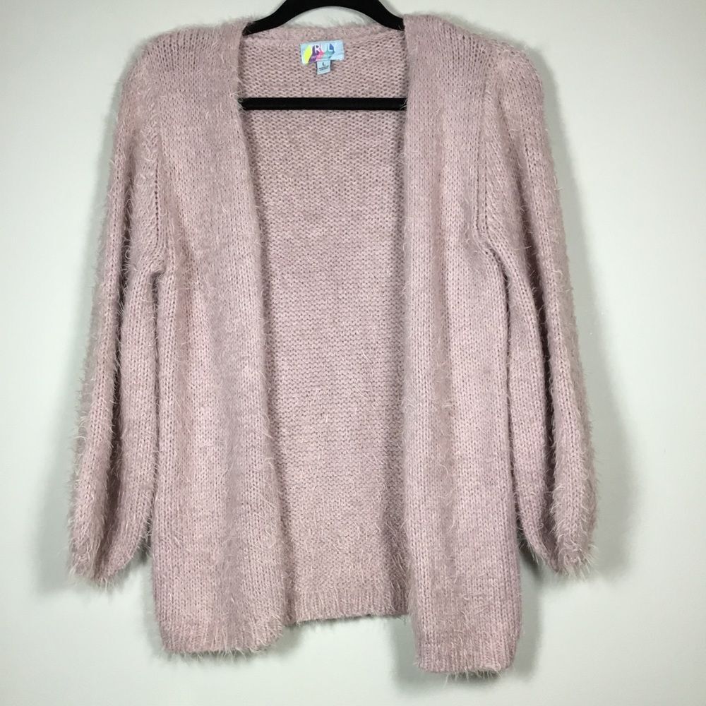 Pink fluffy open front cardigan duster lagenlook winter cabincore cozy size L